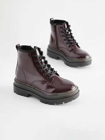 Boot nữ cổ ngắn da thật Next Burgundy Red Lace Up Chunky Ankle Boots - Giày da xuất dư sang Mỹ