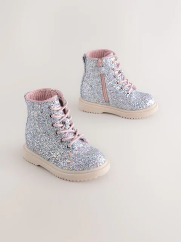 GIÀY BÉ GÁI LẤP LÁNH BUY SILVER GLITTER STANDARD FIT (F) LACE-UP ANKLE BOOTS – CHÍNH HÃNG NEXT