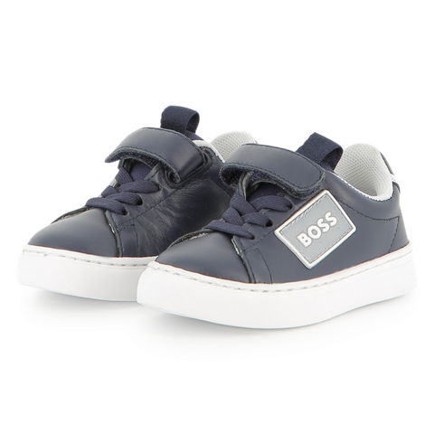 Giày Trẻ Em BOSS Cowhide Leather Sneakers – Màu NAVY, Size 24 | Hàng Xuất Dư Chính Hãng