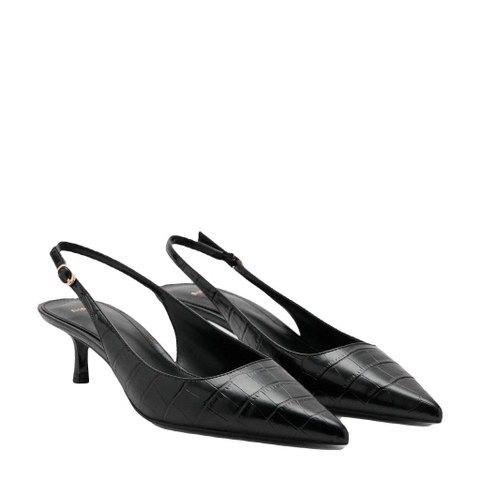 Giày Cao Gót 5 cm Nữ Xuất Dư Chính Hãng M.N.G – Black Croc Embossed Slingback Kitten Heel Pump | Sang Trọng – Thanh Lịch – Giá Tốt