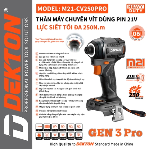 Máy chuyên vít dùng pin DEKTON M21-CV250PRO (chưa có pin sạc)