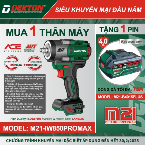 [Tặng 1 Pin 4Ah] Máy siết bulong sử dụng pin DEKTON M21-IW850PROMAX (chưa pin sạc)