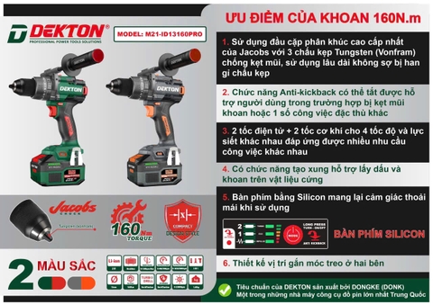 Máy khoan sử dụng pin DEKTON M21-ID13160PRO ( chưa pin và sạc)