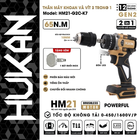 Máy khoan 2 in 1 (khoan và vít) dùng pin HUKAN HM21-G2C-K7 (chưa có pin sạc)