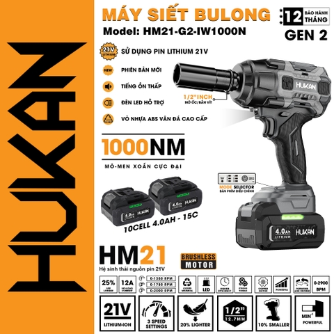 Máy siết bulong dùng pin HUKAN HM21-G2-IW1000N (chưa có pin và sạc)