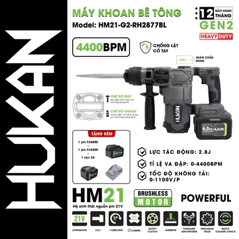 Máy khoan - đục bê tông dùng pin HUKAN HM21-G2-RH2877BL (chưa có pin sạc)