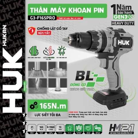 Máy khoan sử dụng pin 13mm HUKAN (GEN 3) G3-F165PRO (chưa có pin sạc)