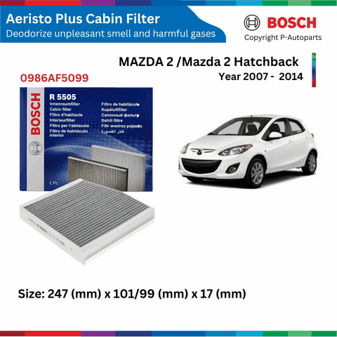 Lọc gió điều hòa than hoạt tính BOSCH Aeristo Plus 0986AF5099, Mazda 2 đời xe 2007 đến 2014