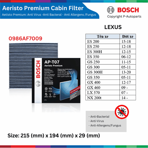 Lọc gió điều hòa BOSCH Aeristo Premium, LEXUS ES RX GS GX LX NL đời xe từ 2006 đến nay, lọc bụi mịn PM2.5