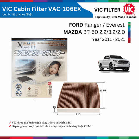 Lọc gió điều hòa VIC Cabin Filter EX, MAZDA BT-50 BT50 đời xe 2011 đến 2021, lọc bụi mịn PM2.5