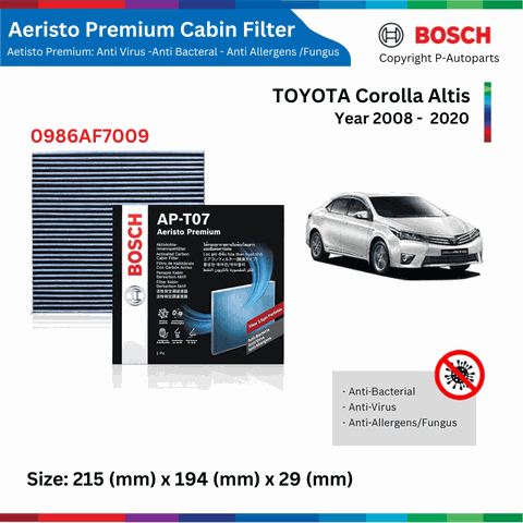 Lọc gió điều hòa BOSCH Aeristo Premium, TOYOTA  Corolla Altis đời xe 2008 đến nay, lọc bụi mịn PM2.5