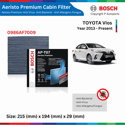 Lọc gió điều hòa BOSCH Aeristo Premium, TOYOTA Vios đời xe 2002 đến nay, lọc bụi mịn PM2.5
