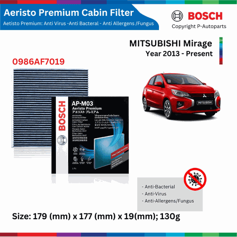 Lọc gió điều hòa BOSCH Aeristo Premium 0986AF7019, MITSUBISHI Mirage đời xe 2013 đến nay, lọc bụi mịn PM2.5