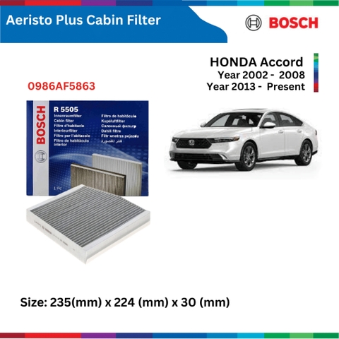 Lọc gió điều hòa BOSCH Aeristo Plus, HONDA Accord đời xe 2002-2008 và 2013 đến nay, than hoạt tính
