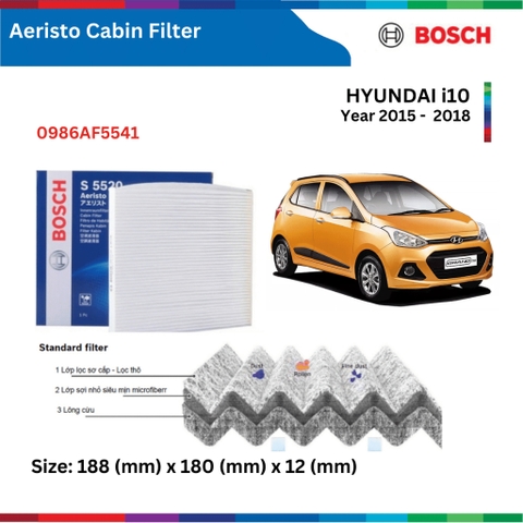 Lọc gió điều hòa BOSCH Aeristo 0986AF5541, HYUNDAI i10, đời xe 2015 đến 2018, lọc gió máy lạnh i10