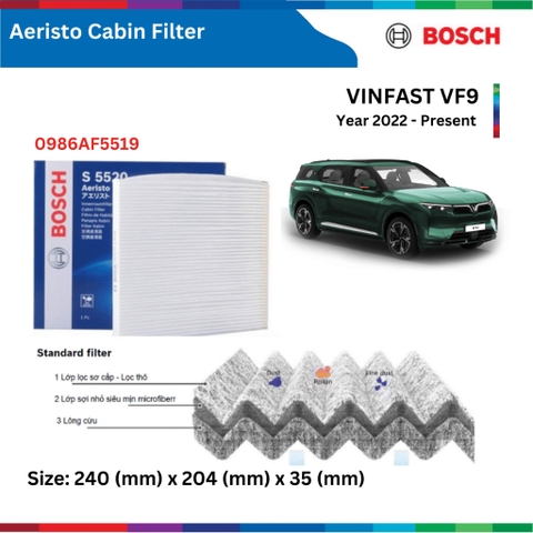 Lọc gió điều hòa BOSCH Aeristo 0986AF5519, VINFAST VF9, đời xe 2022 đến nay, lọc gió máy lạnh VF9