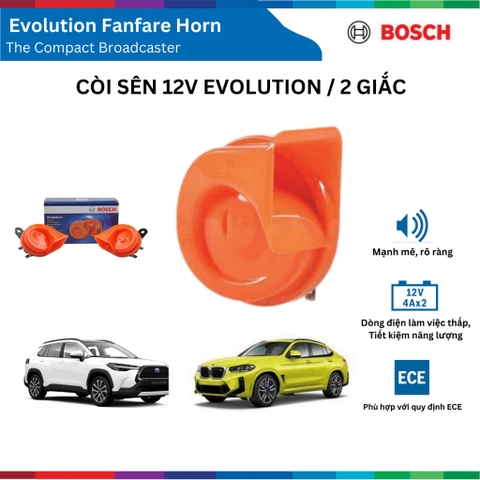 Bộ còi sên BOSCH Evolution Fanfare Horn 0986AH0459 12V, loại 2 giắc cho xe ô tô, còi xe Bosch