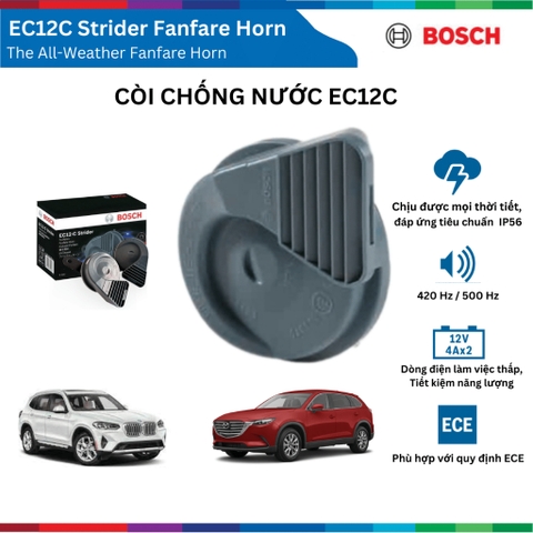 Bộ còi chống nước BOSCH EC12C Strider Fanfare Horn 0986AH0220, 12V, cho xe ô tô, còi chống nước Bosch
