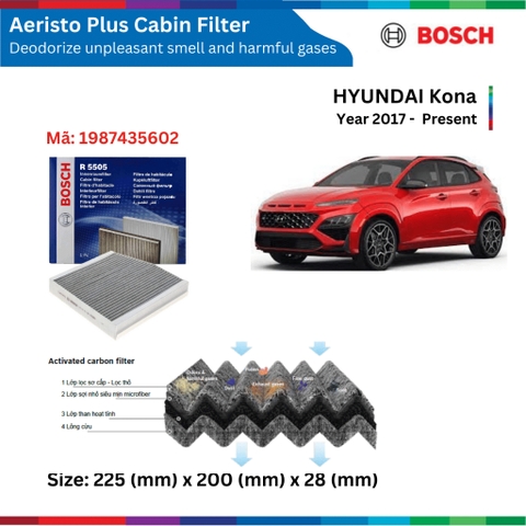 Lọc gió điều hòa BOSCH Aeristo Plus, HYUNDAI Kona, đời xe 2017 đến nay, than hoạt tính