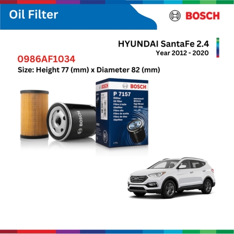 Lọc dầu động cơ BOSCH Oil Filter 0986AF1034, HYUNDAI SantaFe 2.4 xăng, đời xe 2012 đến 2020