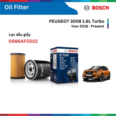 Lọc dầu giấy động cơ BOSCH Oil Filter 0986AF0502, xe PEUGEOT 3008 1.6L Turbo, đời xe 2018 đến nay