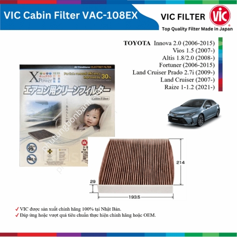 Lọc gió điều hòa VIC Cabin Filter EX, dòng xe TOYOTA  Alltis Vios Cross, lọc bụi mịn PM2.5