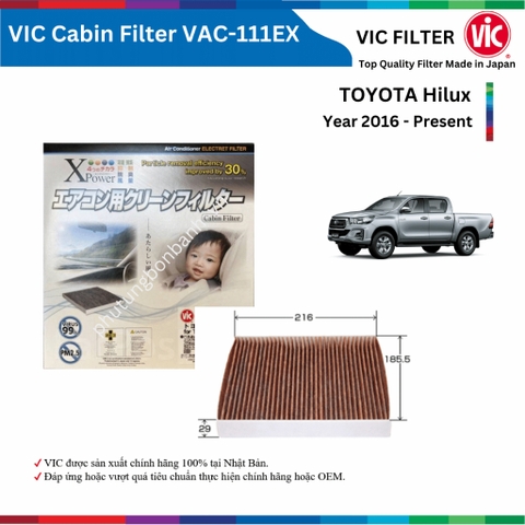 Lọc gió điều hòa VIC Cabin Filter EX, TOYOTA HIlux đời xe 2016 đến nay, lọc bụi mịn PM2.5