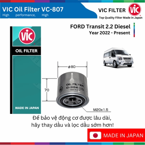 Lọc dầu động cơ VIC Oil Filter VC-807, FORD Transit 2.2 Diesel đời xe 2022 đến nay