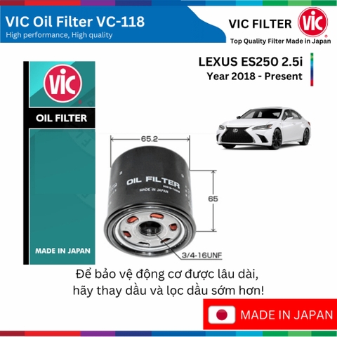 Lọc dầu động cơ VIC Oil Filter VC-118, LEXUS ES250 2.5i đời xe 2018 đến nay