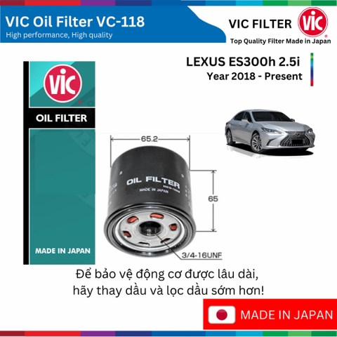 Lọc dầu động cơ VIC Oil Filter VC-118, LEXUS ES300h 2.5i đời xe 2018 đến nay