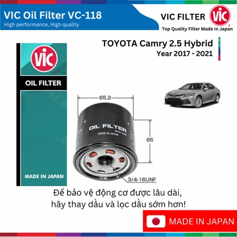 Lọc dầu động cơ VIC Oil Filter VC-, TOYOTA Camry 2.5 Hybrid đời xe 2017 đến 2021
