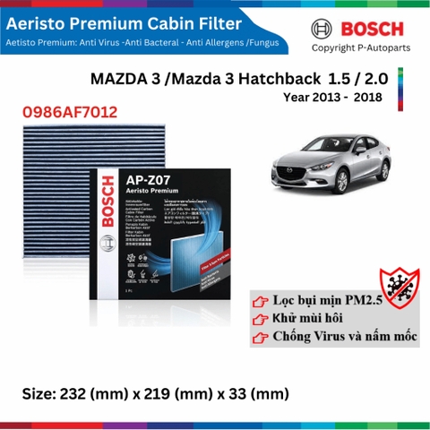 Lọc gió điều hòa BOSCH Aeristo Premium, MAZDA Mazda3 đời xe 2013 đến 2018, lọc bụi mịn PM2.5