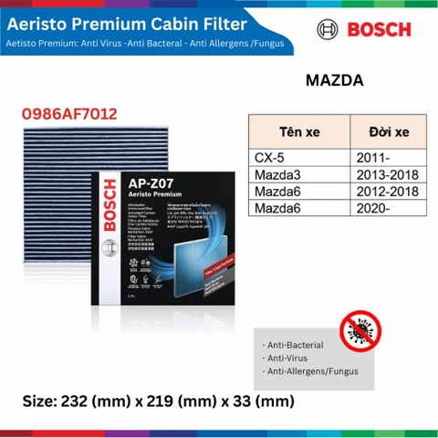 Lọc gió điều hòa BOSCH Aeristo Premium, MAZDA 3 mazda 6 CX-5 CX5 CX-8 CX8 mazda 2, lọc bụi mịn PM2.5