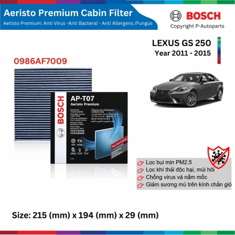 Lọc gió điều hòa BOSCH Aeristo Premium, LEXUS GS 250 đời xe 2011 đến 2015, lọc bụi mịn PM2.5