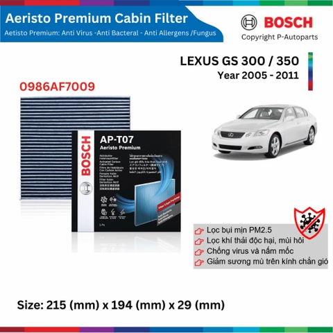 Lọc gió điều hòa BOSCH Aeristo Premium, LEXUS GS 300 350 đời xe 2005 đến 2011, lọc bụi mịn PM2.5
