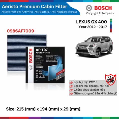 Lọc gió điều hòa BOSCH Aeristo Premium, LEXUS GX 400 đời xe 2012 đến 2017, lọc bụi mịn PM2.5