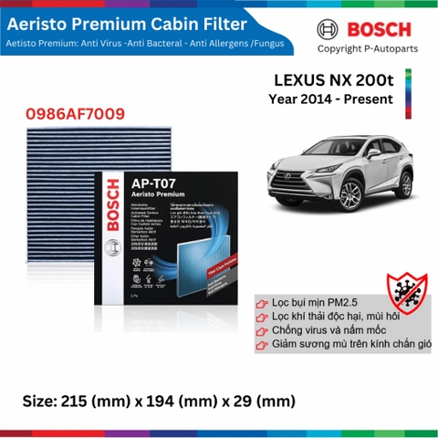 Lọc gió điều hòa BOSCH Aeristo Premium, LEXUS NX 200t đời xe 2014 đến nay, lọc bụi mịn PM2.5