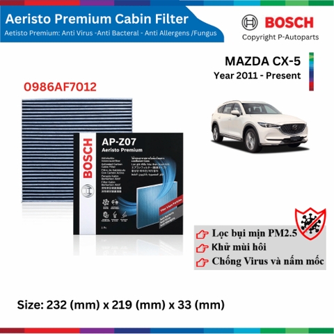 Lọc gió điều hòa BOSCH Aeristo Premium, Mazda CX-5 CX5 đời xe 2011 đến nay, lọc bụi mịn PM2.5