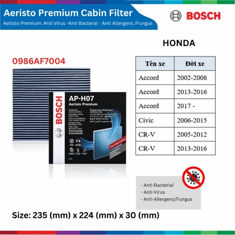 Lọc gió điều hòa BOSCH Aeristo Premium, HONDA Accord Civic City CRV CR-V HRV HR-V BRV BR-V