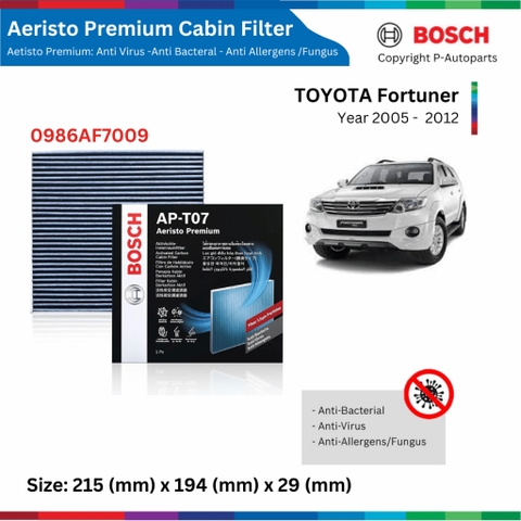 Lọc gió điều hòa BOSCH Aeristo Premium, TOYOTA Fortuner đời xe 2005 đến 2016