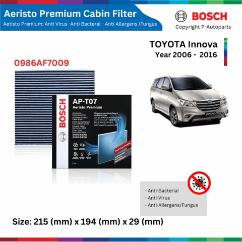 Lọc gió điều hòa BOSCH Aeristo Premium, TOYOTA Innova đời xe 2006 đến 2016, lọc bụi mịn PM2.5