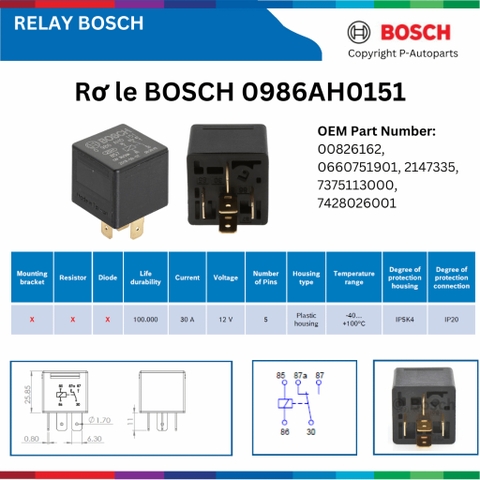Rơ le BOSCH 0986AH0151 12V 5 chân không bát, relay BOSCH