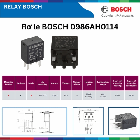 Rơ le BOSCH 0986AH0114 24V 5 chân nhỏ không bát, relay BOSCH