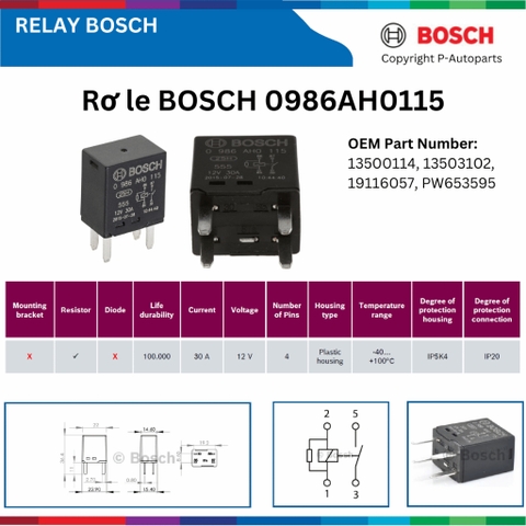 Rơ le BOSCH 0986AH0115 12V 5 chân nhỏ không bát, relay BOSCH