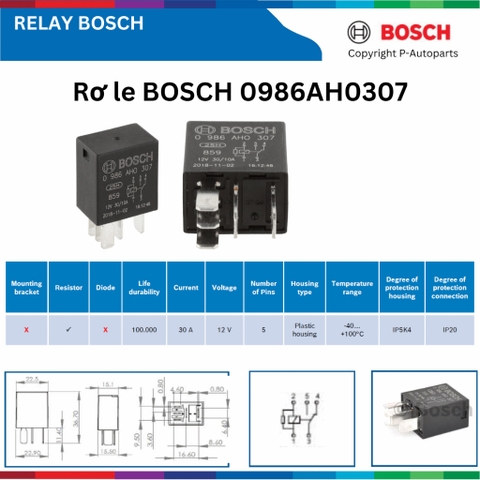 Rơ le BOSCH 0986AH0307 12V 5 chân nhỏ không bát có điện trở, relay BOSCH