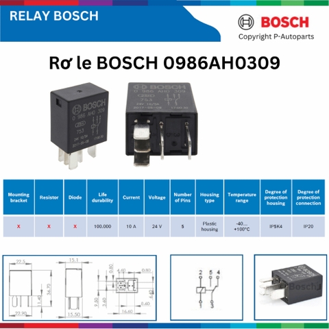 Rơ le BOSCH 0986AH0309 24V 5 chân nhỏ không bát, relay BOSCH