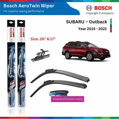 Bộ gạt mưa BOSCH AeroTwin xe SUBARU Outback đời xe 2015 đến 2021, Chính hãng, sạch, êm