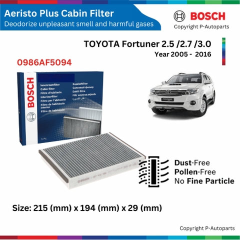Lọc gió điều hòa than hoạt tính BOSCH Aeristo Plus xe TOYOTA Fortuner đời xe 2005 đến 2016