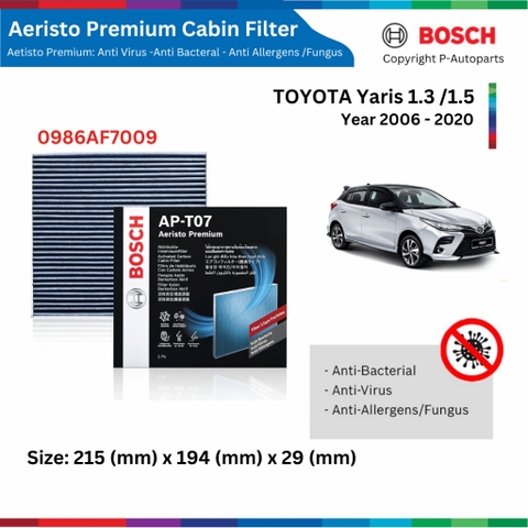 Lọc gió điều hòa BOSCH Aeristo Premum, TOYOTA Yaris đời xe 2006 đến nay, lọc bụi mịn PM2.5