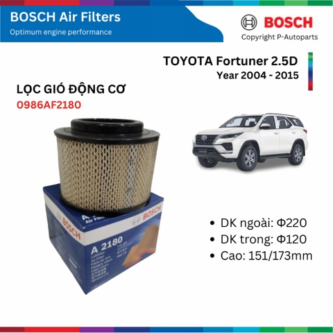 Lọc Gió Động Cơ Bosch Air Filter cho TOYOTA Fortuner 2.5 máy dầu Đời 2004 - 2015